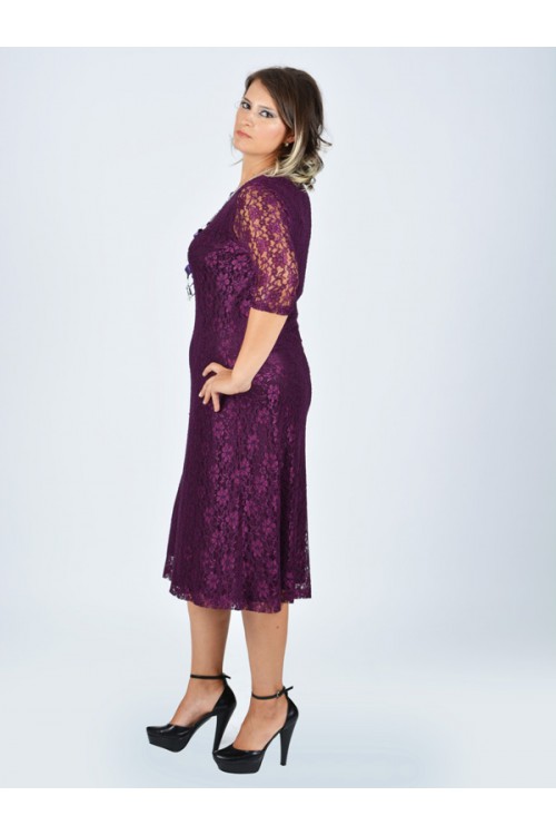 Nidya Moda Büyük Beden Kadın Mürdüm Sıfır Yaka Kloş Dantel  Abiye Elbise-4036M