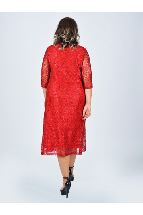 Nidya Moda Büyük Beden Kadın Kırmızı Sıfır Yaka Kloş Dantel Abiye Elbise-4036K
