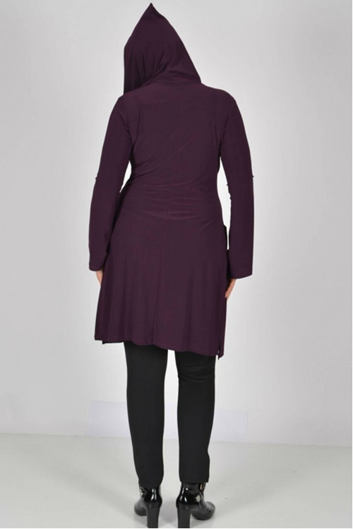 Nidya Moda Büyük Beden  Kadın Mürdüm Kapüşonlu Kuşaklı Spor Ceket-1016SM Nidya Moda Büyük Beden  Kadın Mürdüm Kapüşonlu Kuşaklı Spor Ceket-1016SM