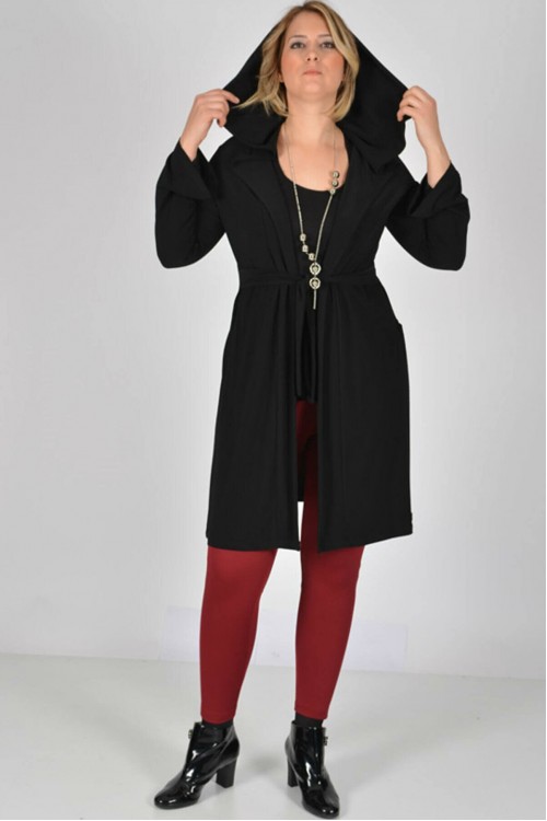 Nidya Moda Büyük Beden  Kadın Siyah Kapüşonlu Kuşaklı Spor Ceket-1016SS Nidya Moda Büyük Beden  Kadın Siyah Kapüşonlu Kuşaklı Spor Ceket-1016SS