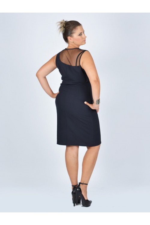 Nidya Moda Büyük Beden Kadın Lacivert Roba  Taşlı Tül Kombinli  Krep Abiye Elbise-4011BL