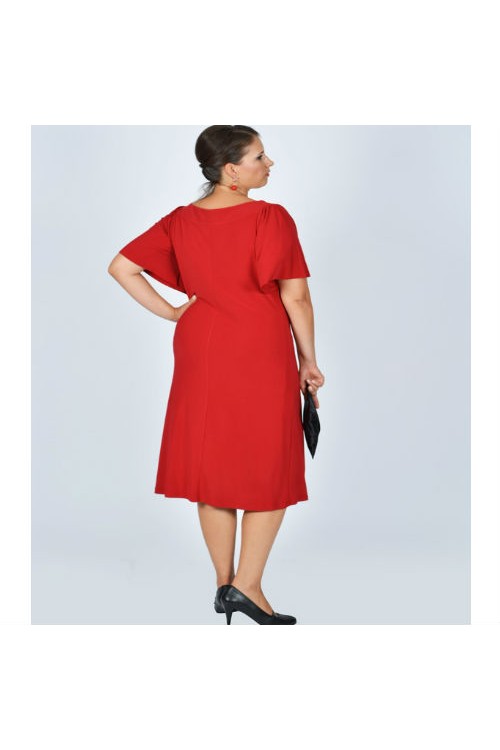 Nidya Moda Büyük Beden Kadın Kırmızı  Yaka Taşlı Çiçek Aksesuarlı Sandy Abiye Elbise-4026K