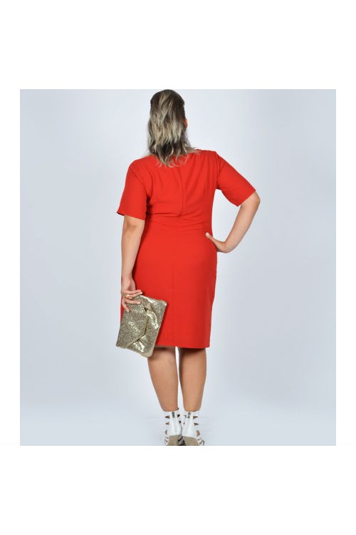 Nidya Moda Büyük Beden Kadın Kırmızı Omuz Beyaz Ay Kombinli Krep Abiye Elbise-4031K