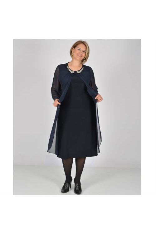 Nidya Moda Büyük Beden Kadın Lacivert Taşlı Yaka Üst Şifonlu Sandy Abiye Elbise-4037L