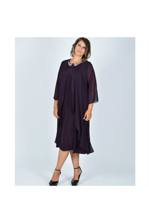 Nidya Moda Büyük Beden Kadın Mürdüm  Taşlı Yaka Üstü Şifon Sandy Abiye Elbise-4037M