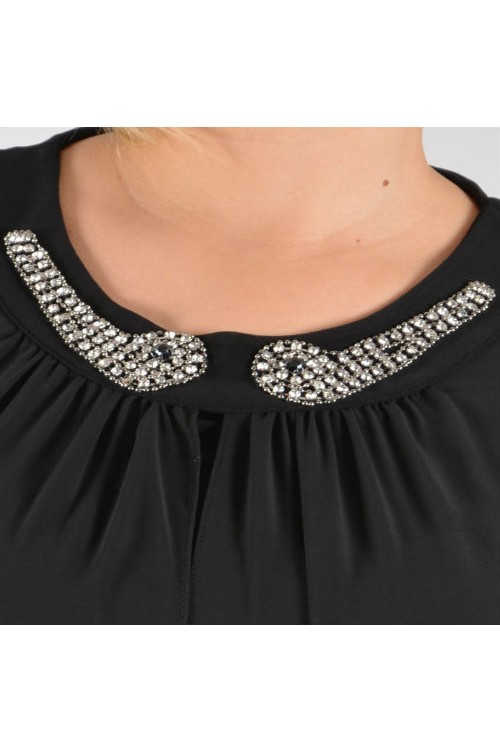 Nidya Moda Büyük Beden Kadın Siyah  Yaka Taşlı Üst Şifon Sandy Abiye Elbise-4037S