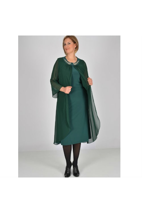 Nidya Moda Büyük Beden Kadın Yeşil  Yaka Taşlı Üstü Şifon Sandy Abiye Elbise-4037Y