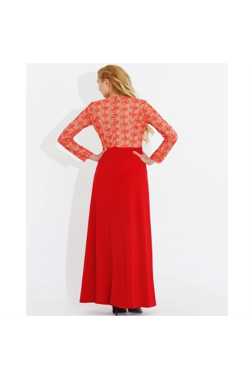 Nidya Moda Büyük Beden Tesettür Kadın Kırmızı Üst Dantelli Sandy Uzun Abiye  Elbise-4049K Nidya Moda Büyük Beden Tesettür Kadın Kırmızı Üst Dantelli Sandy Uzun Abiye  Elbise-4049K