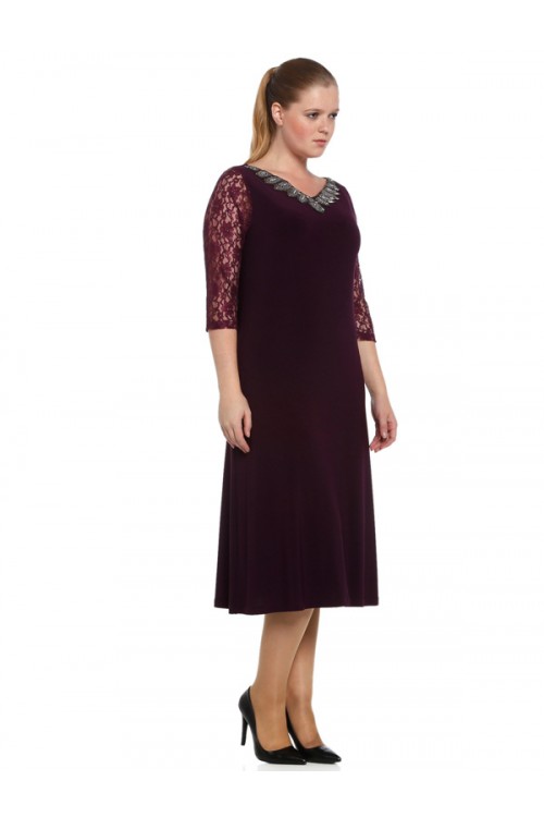 Nidya Moda Büyük Beden Kadın Mürdüm Taşlı Yaka Dantel Kol Sandy  Abiye Elbise-4053DM