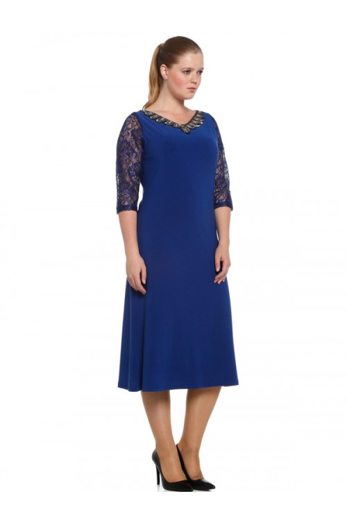 Nidya Moda Büyük Beden Kadın Saks V Taşlı Yaka Dantel Kol Sandy  Abiye Elbise-4053DSX Nidya Moda Büyük Beden Kadın Saks V Taşlı Yaka Dantel Kol Sandy  Abiye Elbise-4053DSX