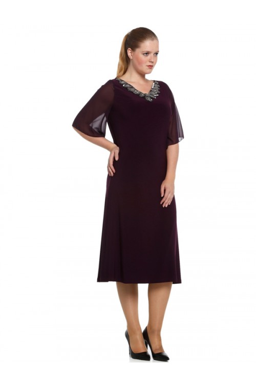 Nidya Moda Büyük Beden Kadın Mürdüm Taşlı Yaka Şifon Kol Sandy Abiye Elbise-4053M Nidya Moda Büyük Beden Kadın Mürdüm Taşlı Yaka Şifon Kol Sandy Abiye Elbise-4053M