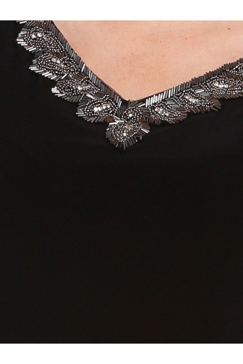 Nidya Moda Büyük Beden Kadın Siyah V TaşlıYaka Şifon Kol  Sandy Abiye Elbise-4053S