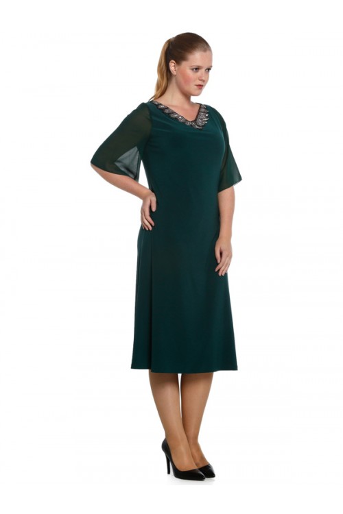 Nidya Moda Büyük Beden Kadın Yeşil V Taşlı Yaka Şifon Kol Sandy  Abiye Elbise-4053Y