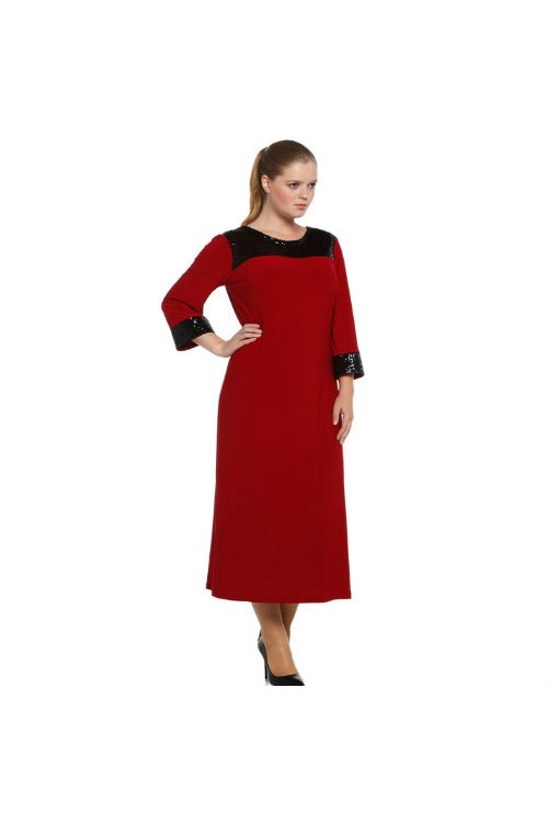 Nidya Moda Büyük Beden  Kadın Kırmızı Roba Manşet Pullu Payet Konbin Sandy Abiye Elbise-4056K