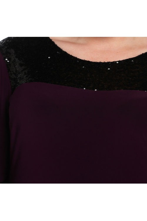 Nidya Moda Büyük Beden Kadın Mürdüm Roba Manşet Payet Konbin Sandy  Abiye Elbise-4056M