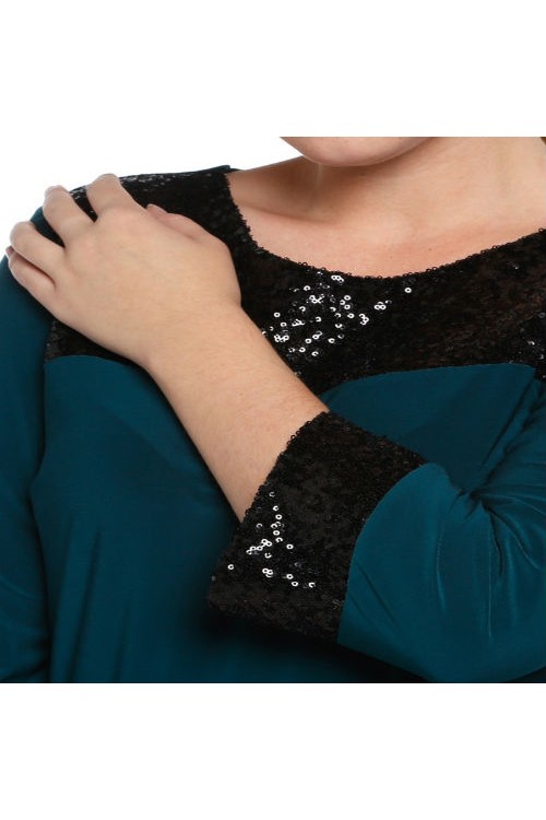 Nidya Moda Büyük Beden Kadın Petrol Yeşil Roba Manşet Payet Konbin Sandy  Abiye Elbise-4056Y