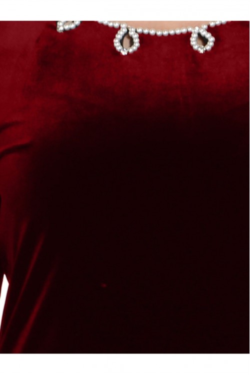 Nidya Moda Büyük Beden Kadın Bordo Inci Işli Kadife Abiye Elbise-4072b