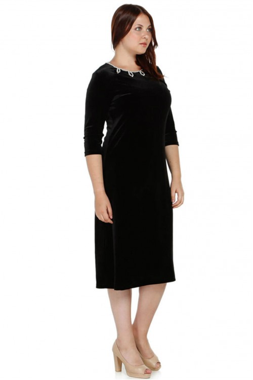 Nidya Moda Büyük Beden Kadın Siyah  Yaka İnci Işli Kadife Abiye Elbise-4072s 
