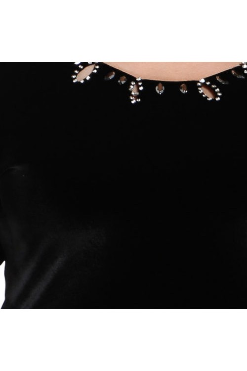 Nidya Moda Büyük Beden Kadın Siyah Yaka Taş İşli Kadife Abiye Elbise-4072AS 