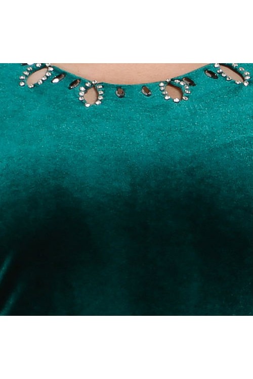 Nidya Moda Büyük Beden Kadın  Yeşil Taş İşli Kadife Abiye Elbise-4072AY