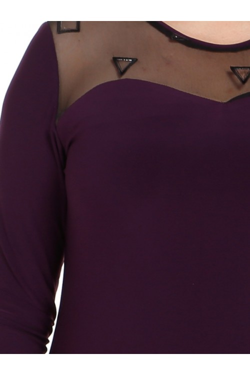 Nidya Moda Büyük Beden Kadın Mürdüm Roba Ayna Tül Kombin Sandy Abiye Elbise-4078AM