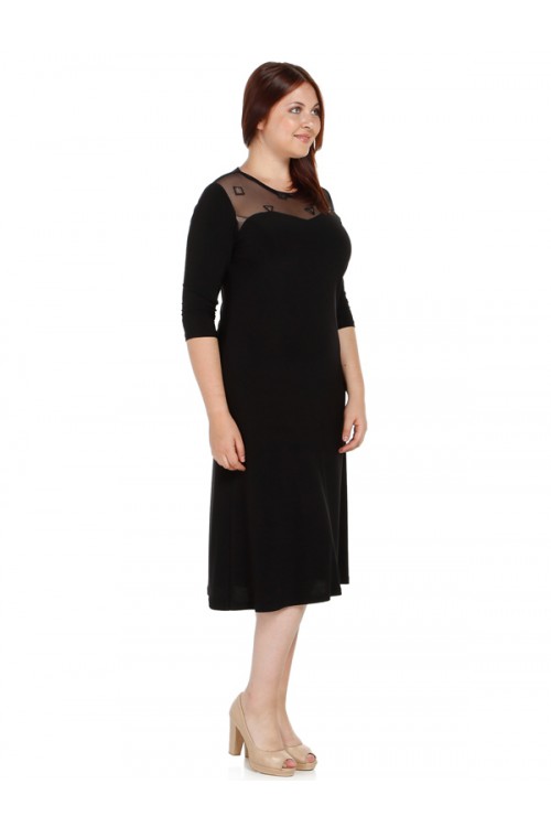 Nidya Moda Büyük Beden Kadın Siyah Roba Ayna Tül Kombinli Sandy Abiye Elbise-4078AS