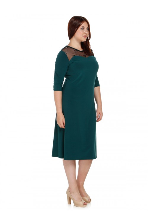 Nidya Moda Büyük Beden Kadın Yeşil Roba Ayna Tül Kombin Sandy Abiye  Elbise-4078AY