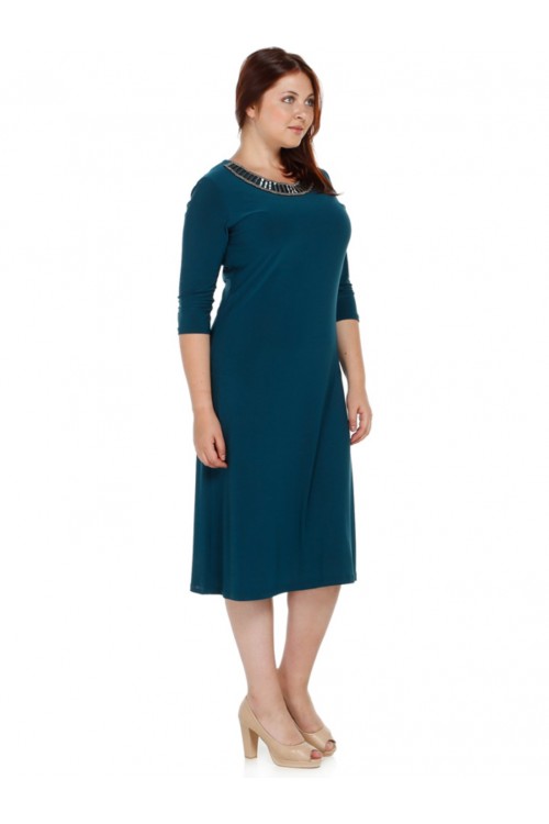 Nidya Moda Büyük Beden Kadın Yeşil Taşlı Ray Yakalı Sandy Abiye Elbise-4079Y