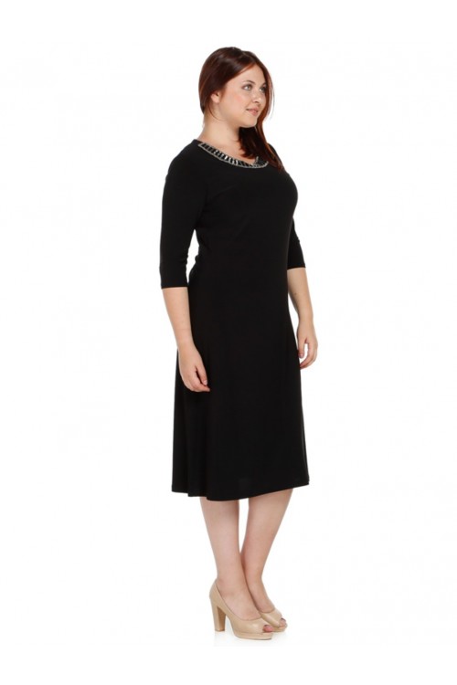 Nidya Moda Büyük Beden Kadın SiyahTaşlı Ray Yaka Sandy Abiye Elbise-4079S