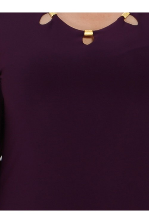 Nidya Moda Büyük Beden Kadın Mürdüm Yaka  Metal Aksesuar Sandy Abiye  Elbise-4081M