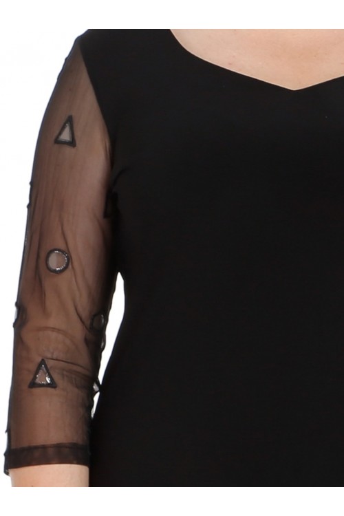 Nidya Moda Büyük Beden Kadın Siyah Kol  Ayna Tül Kombin Sandy Abiye Elbise-4082S