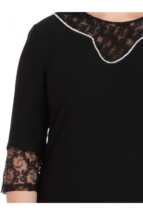 Nidya Moda Büyük Beden Kadın Siyah  Dantel Kombin Taş İşli Krep Abiye  Elbise-4083S