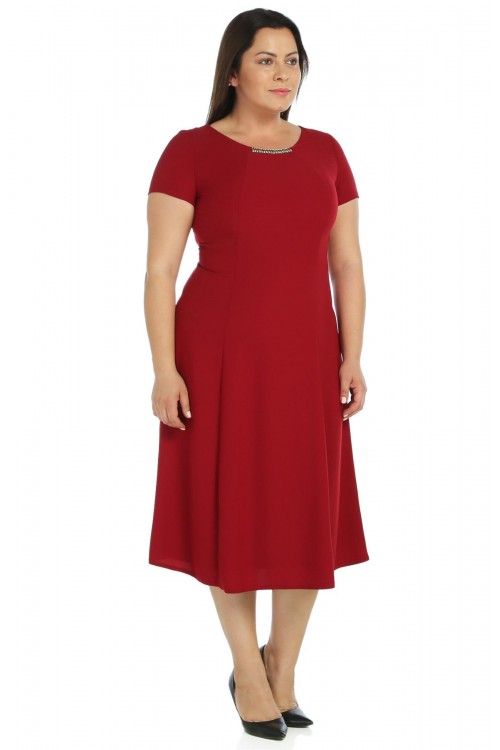 Nidya Moda Büyük Beden Kadın Bordo Sem Yaka Taşlı Krep Abiye  Elbise-4088B