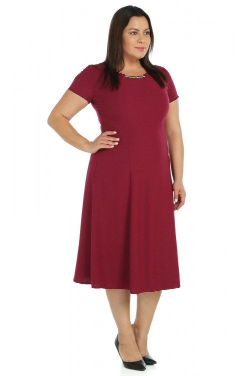 Nidya Moda Büyük Beden Kadın Fuşya Yaka Taşlı Krep Abiye Elbise-4088F