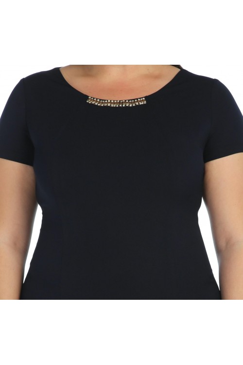 Nidya Moda Büyük Beden Kadın Lacivert  Sem Yaka Taşlı Abiye Krep Elbise-4088L