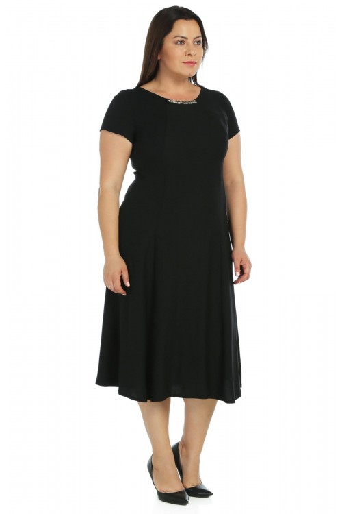 Nidya Moda Büyük Beden Kadın Siyah Sem Yaka Taşlı Krep Abiye Elbise -4088S