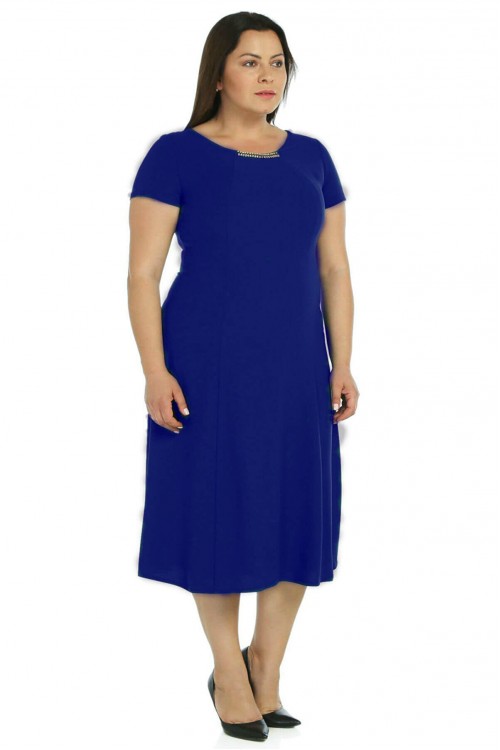 Nidya Moda Büyük Beden Kadın Saks Yaka Taşlı Sem Krep Abiye  Elbise-4088SX