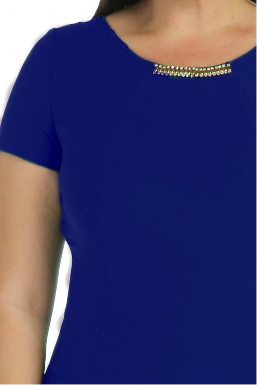 Nidya Moda Büyük Beden Kadın Saks Yaka Taşlı Sem Krep Abiye  Elbise-4088SX