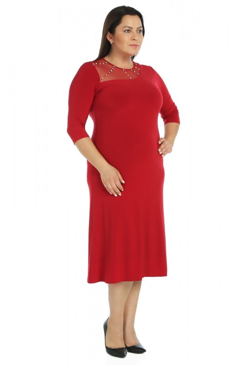 Nidya Moda Büyük Beden Kadın Kırmızı Roba Tül Taş İşli Sandy Abiye  Elbise-4089K