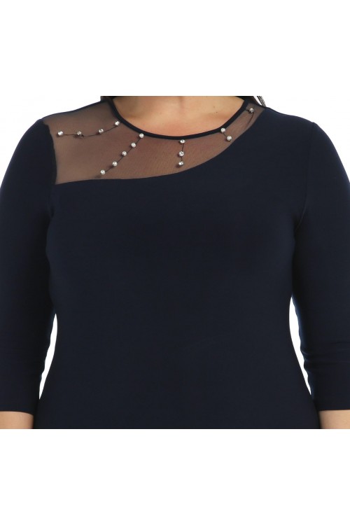 Nidya Moda Büyük Beden Kadın Lacivert Roba Tül Taşı İşli Sandy Abiye Elbise-4089L