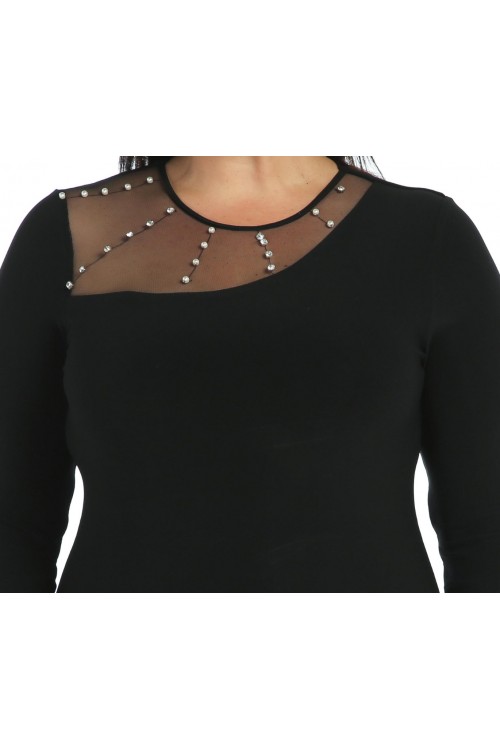 Nidya Moda Büyük Beden Kadın Siyah Roba Tül Taşlı Sandy Abiye Elbise-4089S