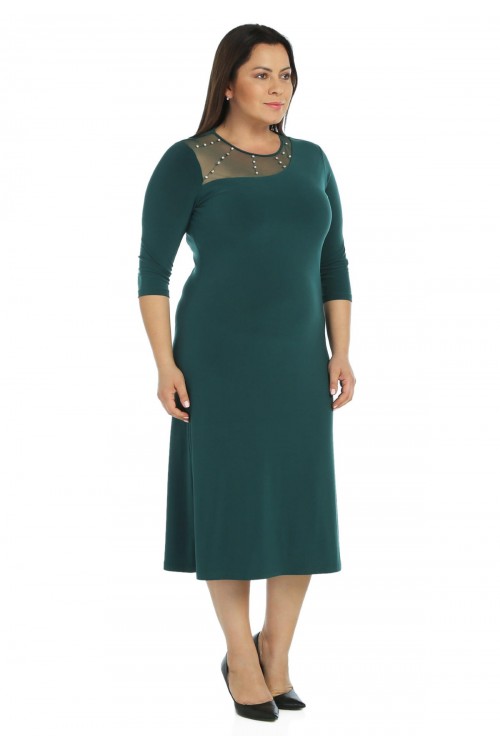 Nidya Moda Büyük Beden Kadın Yeşil Roba Tül Taşlı Sandy Abiye Elbise-4089Y