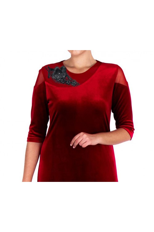Nidya Moda Büyük Beden Kadın Kırmızı Çiçek Motifli Tül Kombin  Kadife Abiye Elbise-4123K