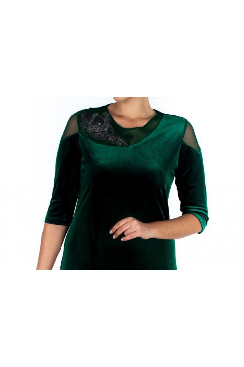 Nidya Moda Büyük Beden Kadın Yeşil Çiçek Motifli Tül Kombin  Kadife Abiye Elbise-4123Y