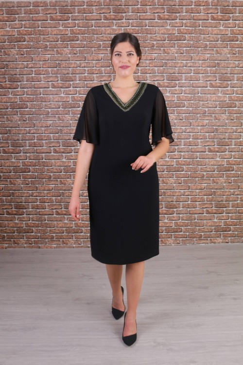 Nidya Moda Büyük Beden Kadın Siyah Taşlı Yaka Şifon Kol Krep Abiye Elbise-4158ŞS