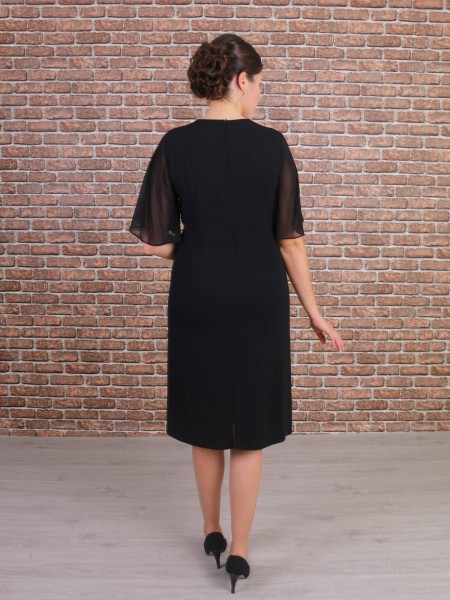 Nidya Moda Büyük Beden Kadın Siyah Taşlı Yaka Şifon Kol Krep Abiye Elbise-4158ŞS