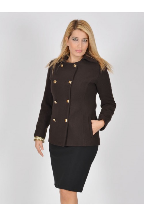 Nidya Moda Büyük Beden Kadın Kahverengi Çift Düğmeli Kısa  Kaban-5007K