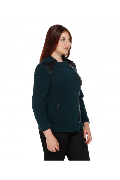 Nidya Moda Büyük Beden Kadın Yeşil Omuz Deri Şeritli   Kısa Kaban-5008Y