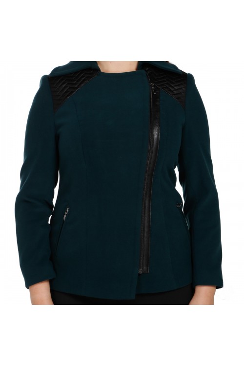 Nidya Moda Büyük Beden Kadın Yeşil Omuz Deri Şeritli   Kısa Kaban-5008Y