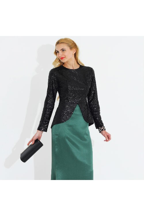 Nidya Moda Büyük Beden Kadın Siyah Peplum Pullu Payet Abiye Tunik-5010S